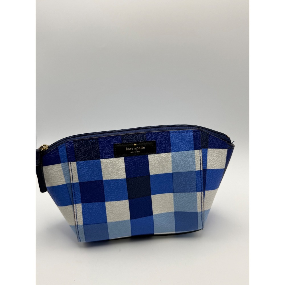 Kate Spade New York Blue Gingham Check Saffiano Cosmetic‎ Makeup Bag Pouch Zip